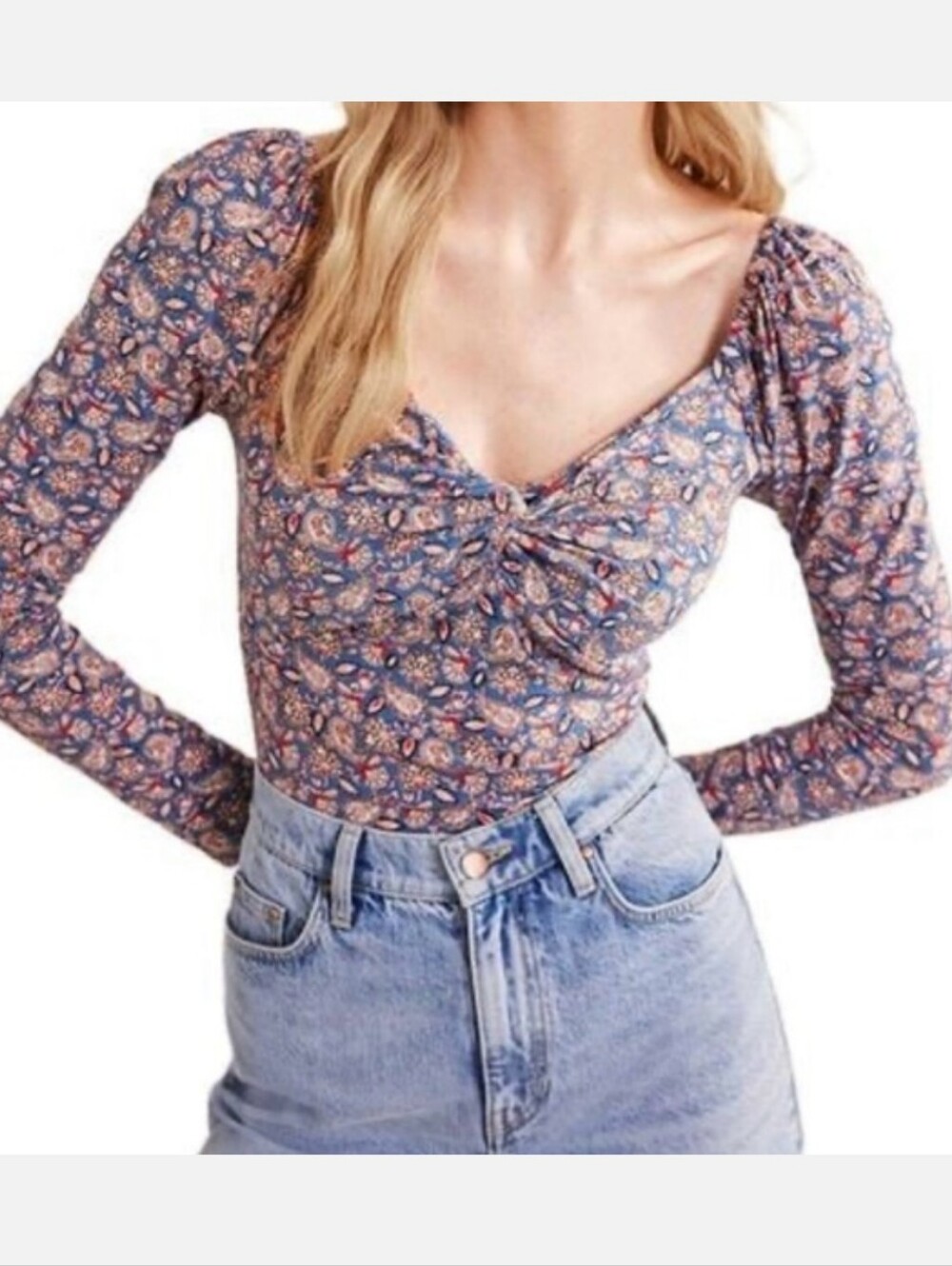 Boden Blue Floral Long Sleeve Sweetheart Blouse, Size 2